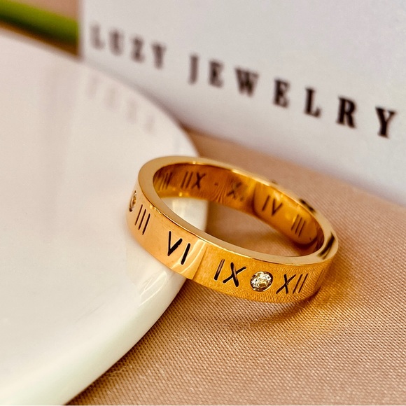 Luzy Jewelry Jewelry - 18K Gold Titanium Steel Roman Numerals CZ Band Ring